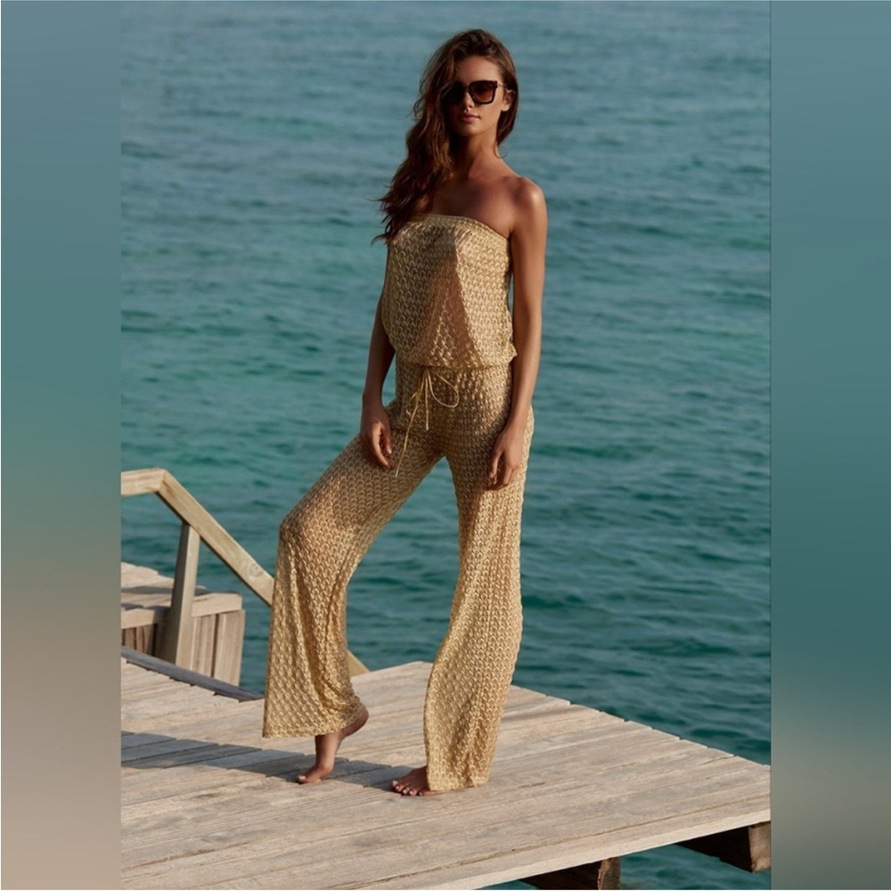 Melissa Obadash Grace gold knit bandeau jumpsuit